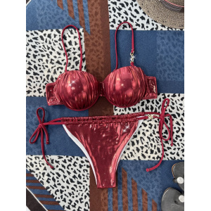 Costum de baie 2 piese metalizat cu push-up, slip reglabil, visiniu #ZZ2066 - Img 9