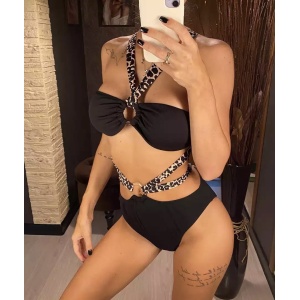 Costum de baie 2 piese reiat, cercuri metalice si snururi decorative, imprimeu leopard, negru #ZZ2719 - Img 2