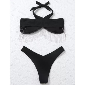 Costum de baie 2 piese reiat cu franjuri metalice la sutien, negru #ZZ2820 - Img 2