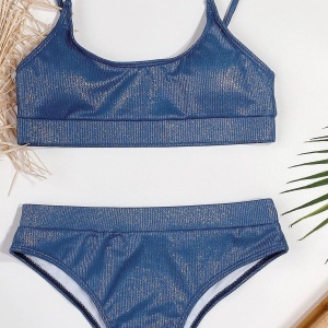 Costum de baie 2 piese reiat, sidefat, slip cu talie inalta, albastru #ZZ2840 - Img 4