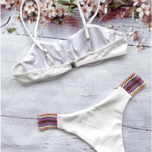 Costum de baie 2 piese reiat, slip cu elastice laterale colorate, alb #ZZ2864 - Img 9