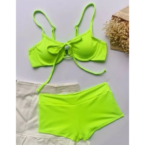Costum de baie 2 piese reiat, slip cu talie inalta , verde neon #ZZ2866 - Img 4