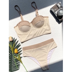 Costum de baie 2 piese reiat, sutien tip bustiera si slip cu talie inalta, bej #ZZ2822 - Img 7