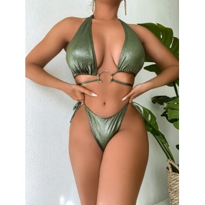 Costum de baie 2 piese sidefat cu catarama metalica la sutien si slip reglabil, verde kaki #ZZ2789 - Img 6