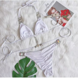 Costum de baie 2 piese sidefat cu cristale decorative si slip brazilian, argintiu #ZZ2043 - Img 12