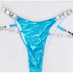 Costum de baie 2 piese sidefat cu cristale decorative si slip brazilian, bleu/ turcoaz #ZZ2078 - Img 3