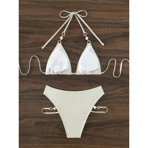 Costum de baie 2 piese sidefat cu elemente metalice si perle decorative, auriu/ nude #ZZ2925 - Img 8