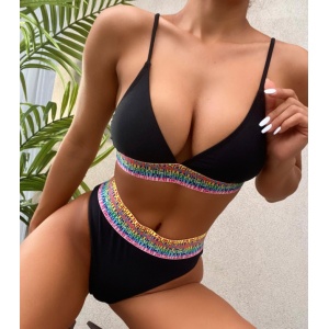 Costum de baie 2 piese, slip brazilian cu talie inalta, elastice late colorate, negru #ZZ2734