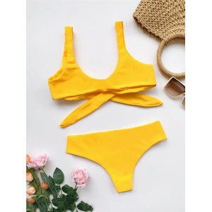 Costum de baie 2 piese, slip cu talie inalta, galben #ZZ2812 - Img 5