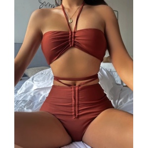 Costum de baie 2 piese, slip cu talie inalta, maro #ZZ2863