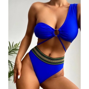 Costum de baie 2 piese, slip cu talie inalta, sutien pe un umar, albastru #ZZ2739