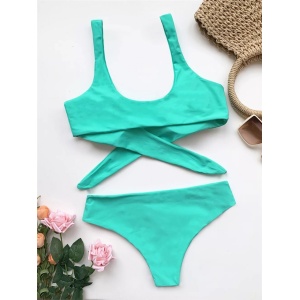 Costum de baie 2 piese, slip cu talie inalta, turcoaz #ZZ2814 - Img 5