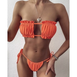 Costum de baie 2 piese su sutien creponat si slip reglabil, portocaliu #ZZ2772 - Img 2