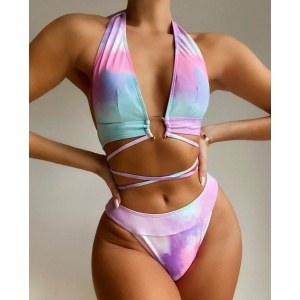 Costum de baie 2 piese sutien cu cerc metalic decorativ, multicolor #ZZ2827
