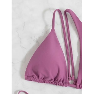Costum de baie 2 piese, sutien pe un umar si slip tanga cu cristale la spate, roz #ZZ2131 - Img 4