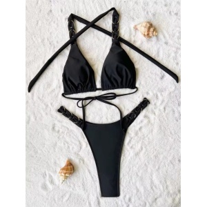 Costum de baie 2 piese tanga cu bretele impletite la slip si sutien, negru #ZZ2002 - Img 4