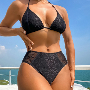 Costum de baie 2 piese texturat cu broderie, slip cu talie inalta, negru #ZZ2097