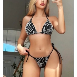 Costum de baie 2 piese texturat cu dungi albe decorative si slip reglabil, negru #ZZ2778 - Img 2