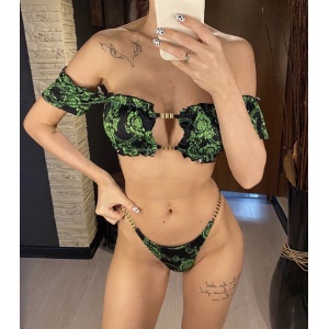 Costum de baie 2 piese texturat cu elemente metalice decorative, verde/negru #ZZ2761 - Img 3