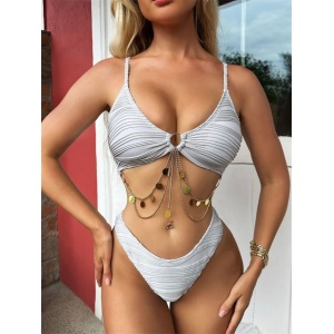 Costum de baie 2 piese texturat, cu lantisoare decorative, gri #ZZ2771 - Img 3