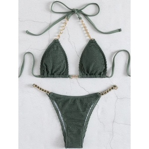 Costum de baie 2 piese texturat cu lantisoare decorative, verde #ZZ2781 - Img 2