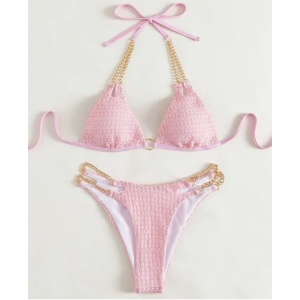 Costum de baie 2 piese texturat cu lantisoare metalice decorative, roz #ZZ2921 - Img 2