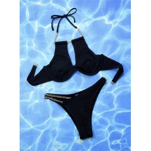 Costum de baie 2 piese texturat cu sarma de sustinere la sutien, negru #ZZ2783 - Img 3