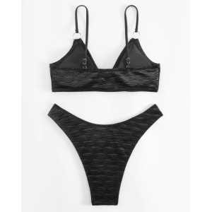 Costum de baie 2 piese texturat, sidefat, sutien cu cristale decorative, negru #ZZ2860 - Img 2