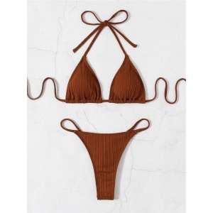 Costum de baie 2 piese texturat, slip tanga cu cristale decorative la spate, maro #ZZ2889 - Img 6