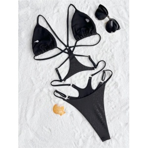 Costum de baie 2 piese unite prin snururi cu imprimeu leopard, negru #ZZ1064 - Img 9