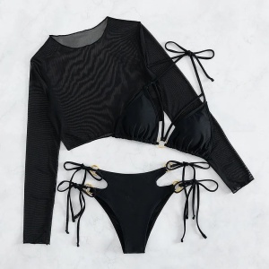Costum de baie 3 piese cu bluza din voal elastic, slip reglabil cu cercuri metalice, negru #ZZ3936 - Img 7