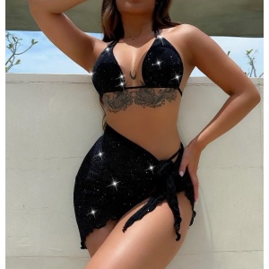 Costum de baie 3 piese cu esarfa, din material texturat cu sclipici, negru #ZZ2826