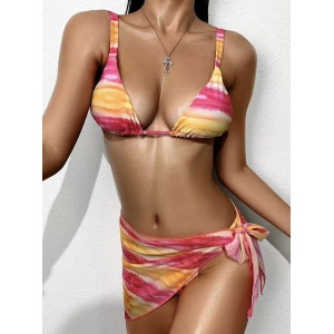 Costum de baie 3 piese cu esarfa, roz/galben #ZZ3934 - Img 2