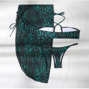 Costum de baie 3 piese cu fusta, imprimeu leopard, verde/ negru #ZZ3930 - Img 4
