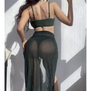 Costum de baie 3 piese cu fusta lunga din voal, elemente metalice decorative, verde #ZZ3925 - Img 2