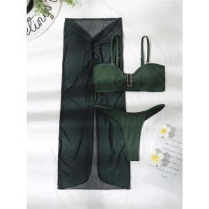 Costum de baie 3 piese cu fusta lunga din voal, elemente metalice decorative, verde #ZZ3925 - Img 11