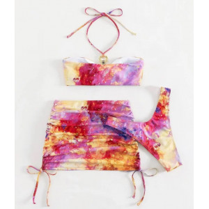 Costum de baie 3 piese cu fusta scurta si cercuri metalice decorative, roz/ multicolor #ZZ3011 - Img 11