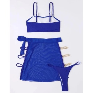 Costum de baie 3 piese cu fusta si lantisoare aurii decorative, albastru #ZZ3985 - Img 2
