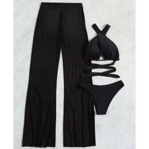 Costum de baie 3 piese cu pantalon lung din voal semitransparent, sutien petrecut, negru #ZZ3961 - Img 2