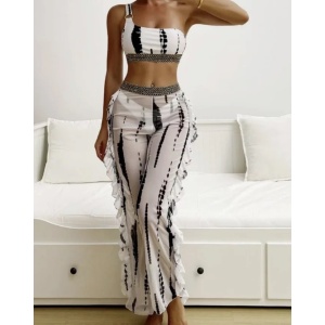 Costum de baie 3 piese cu pantaloni lungi si broderie aurie, alb/ negru #ZZ3955