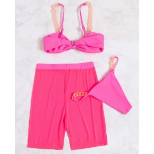 Costum de baie 3 piese cu pantaloni scurti semitransparenti, roz neon #ZZ3968 - Img 4