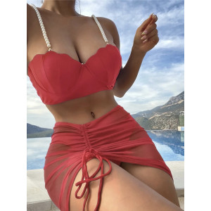 Costum de baie 3 piese cu push-up, fusta scurta si perle decorative, rosu #ZZ3005