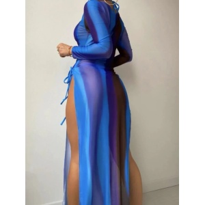 Costum de baie 3 piese cu rochie lunga, albastru #ZZ3918 - Img 5
