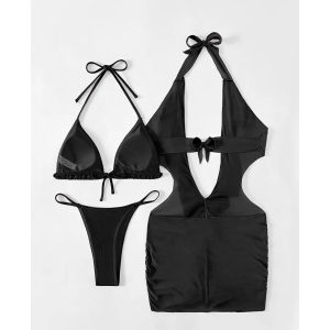 Costum de baie 3 piese cu rochita scurta decoltata si volane, negru #ZZ3914 - Img 4