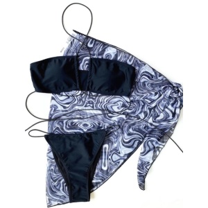 Costum de baie 3 piese, esarfa cu imprimeu , negru #ZZ3948 - Img 4