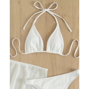 Costum de baie 3 piese reiat, fusta cu ciucurasi decorativi, alb #ZZ3951 - Img 3