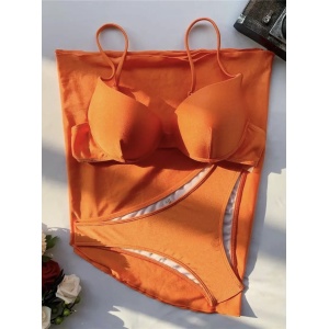 Costum de baie 3 piese satinat, cu esarfa, cupe buretate, portocaliu #ZZ3972 - Img 7