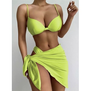 Costum de baie 3 piese satinat, cu esarfa, cupe buretate, verde neon #ZZ3983