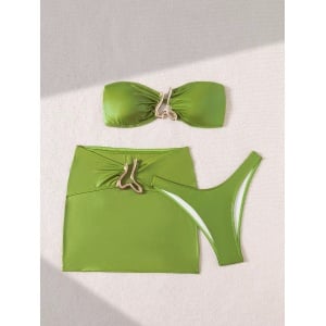 Costum de baie 3 piese sidefat cu catarame metalice decorative, verde kaki #ZZ3055 - Img 3