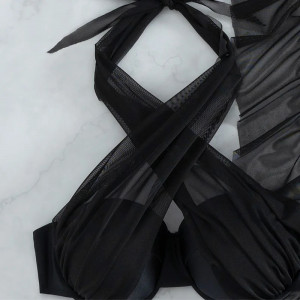 Costum de baie 3 piese, sutien cu cupe tari din burete si fusta lunga din voal, negru #ZZ3031 - Img 2